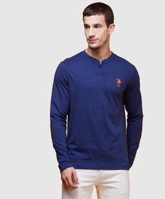 U.S. POLO ASSN. Embroidered Men Henley Neck Blue T-Shirt