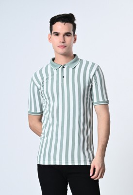 Dam Striped Men Polo Neck Grey, White T-Shirt