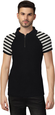tfurnish Striped Men Polo Neck Black T-Shirt