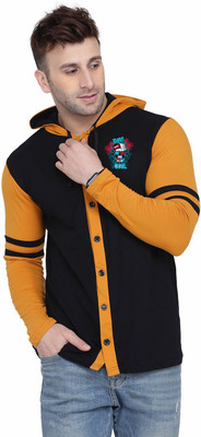 GEUM Printed Men Hooded Neck Black, Gold T-Shirt