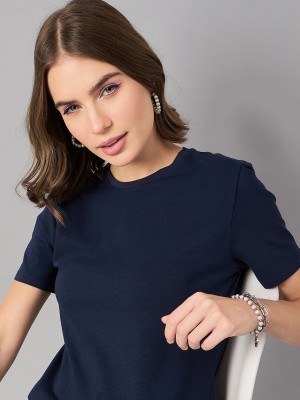 98 Degree North Solid Women Round Neck Dark Blue T-Shirt