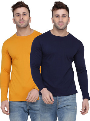Kroptee Solid Men Round Neck Blue, Yellow T-Shirt