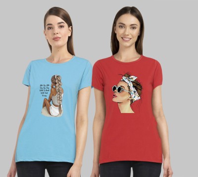 METRONAUT Printed Women Round Neck Light Blue, Red T-Shirt