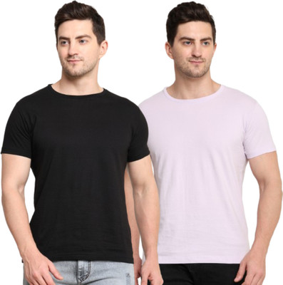 PATEL HUB Solid Men Crew Neck Black, Purple T-Shirt