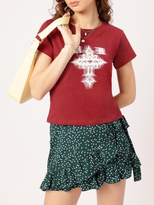 Dressberry Printed Women Round Neck Red T-Shirt