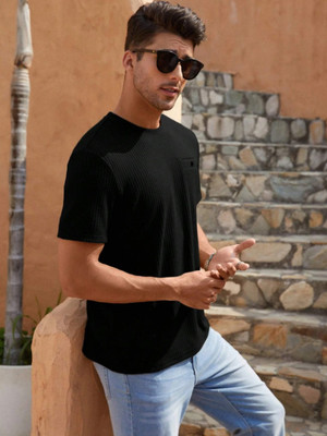 KEX Self Design Men Round Neck Black T-Shirt