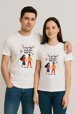 Binayak Graphic Print Couple Round Neck White T-Shirt