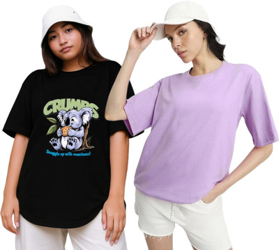 RS FASHION Printed Women Round Neck Black, Purple T-Shirt