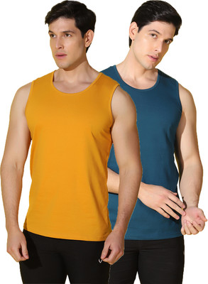 WOOSTRO Solid Men Round Neck Yellow, Blue T-Shirt