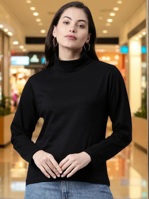 Kryptic Solid Women High Neck Black T-Shirt
