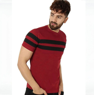 Neel Fashion Striped Men Round Neck Maroon T-Shirt