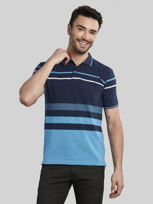 BE POSITIVE Striped Men Polo Neck Blue T-Shirt