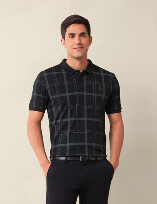 U.S. POLO ASSN. Checkered Men Polo Neck Black T-Shirt