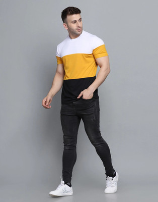 SEJAS Colorblock Men Round Neck Yellow T-Shirt