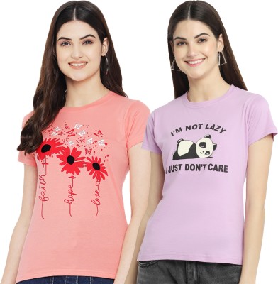 Fabflee Printed Women Round Neck Pink, Purple T-Shirt