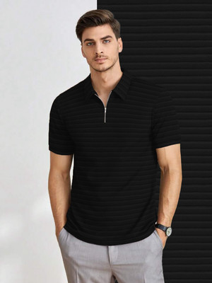 THE DRY STATE Self Design Men Zip Neck Black T-Shirt