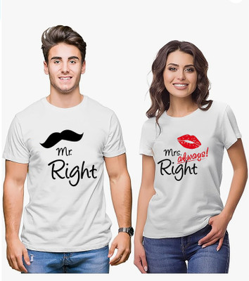 Think Tech Printed Couple Round Neck White T-Shirt
