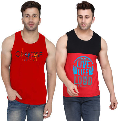 SLOWLORIS Printed, Colorblock Men Round Neck Black, Red T-Shirt