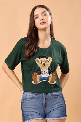 SWIFTLY Printed Women Round Neck Green T-Shirt