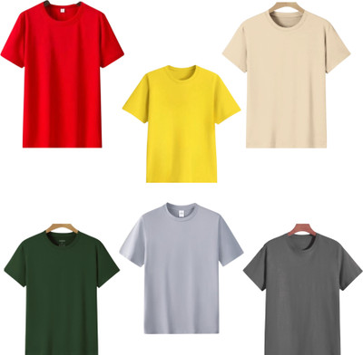 TTFE Solid Men Round Neck Green, Silver, Grey, Beige, Yellow, Red T-Shirt