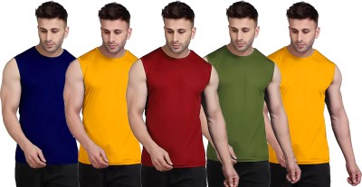 Think Tech Solid Men Round Neck Dark Blue, Yellow, Maroon, Dark Green T-Shirt