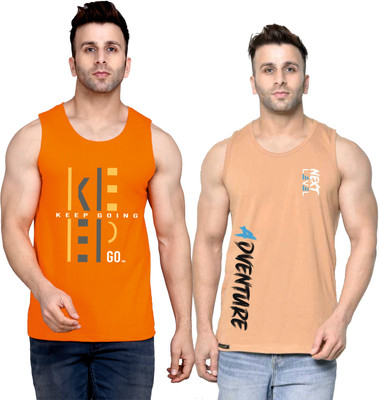 SLOWLORIS Printed Men Round Neck Orange, Beige T-Shirt