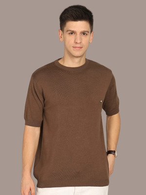 CLAPTON Self Design Men Round Neck Brown T-Shirt