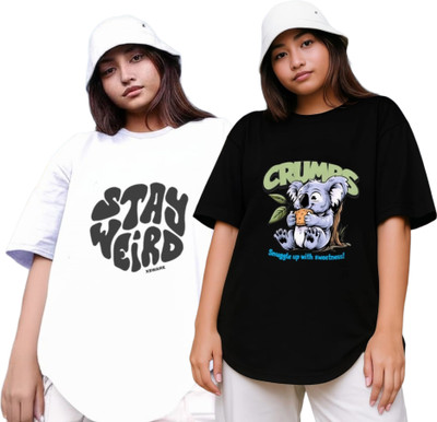 RS FASHION Printed Women Round Neck White, Black T-Shirt
