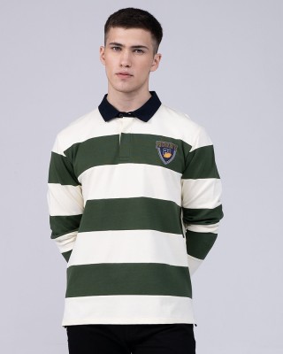 EDRIO Striped Men Polo Neck White T-Shirt