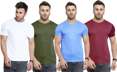 Think Tech Solid Men Round Neck White, Dark Green, Light Blue, Maroon T-Shirt