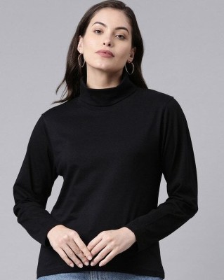 NEW-18 Solid Women High Neck Black T-Shirt