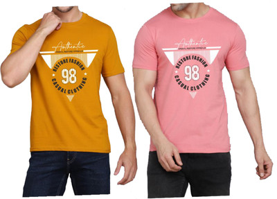 WOOSTRO Printed Men Round Neck Pink, Yellow T-Shirt