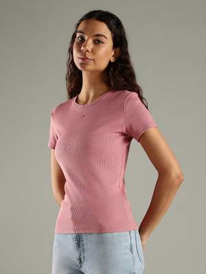 TOMMY HILFIGER Self Design Women Crew Neck Pink T-Shirt