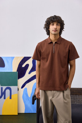 UNSTD Solid Men Polo Neck Brown T-Shirt