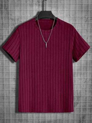 KAJARU Striped Men Round Neck Maroon T-Shirt