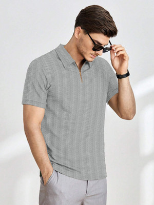 OHGORY Self Design Men Polo Neck Grey T-Shirt