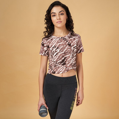 Ajile By Pantaloons Printed Women Round Neck Brown T-Shirt