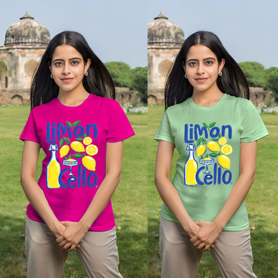 Parona Printed Women Round Neck Pink, Green T-Shirt