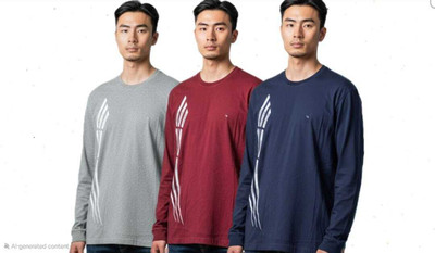 ALPINE STYLE Sporty, Striped Men Round Neck Grey, Maroon, Blue T-Shirt
