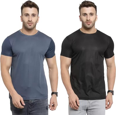 Think Tech Solid Men Round Neck Grey, Black T-Shirt