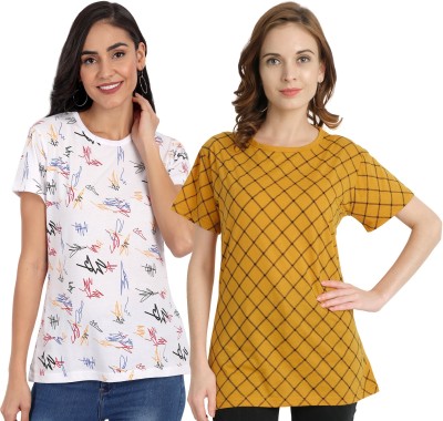 CHOZI Printed Women Round Neck White, Yellow T-Shirt