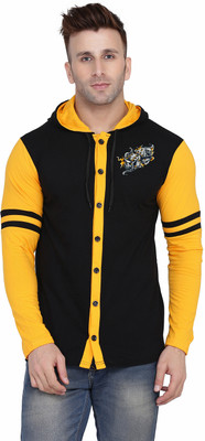 Blisstone Solid Men Hooded Neck Black, Yellow T-Shirt