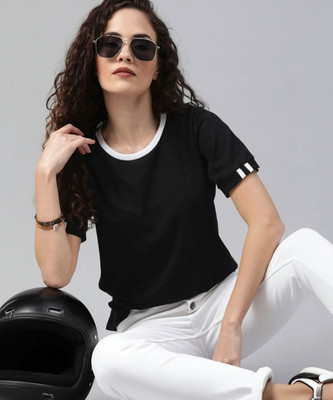 CottonCrest Solid Women Round Neck Black T-Shirt