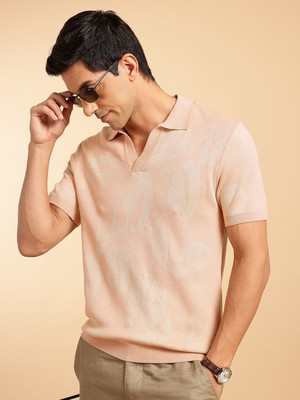 French Connection Self Design Men Polo Neck Orange T-Shirt