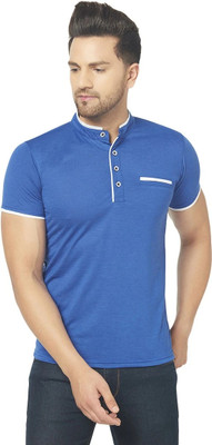 Moordale Fab Solid Men Mandarin Collar Blue T-Shirt