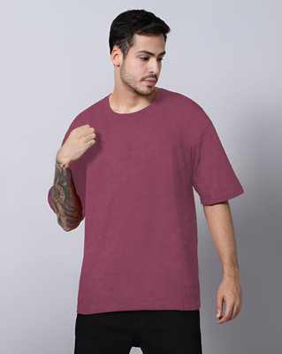 TQH Solid Men Round Neck Pink T-Shirt