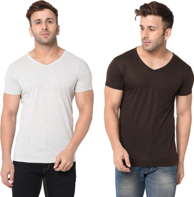 Tresna Trending Solid Men V Neck Brown, Grey T-Shirt