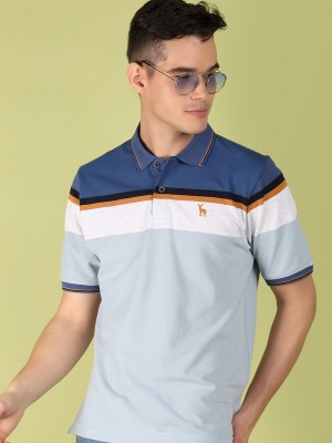 V-MART Striped Men Polo Neck Blue T-Shirt