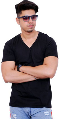 FARICON Solid Men V Neck Black T-Shirt