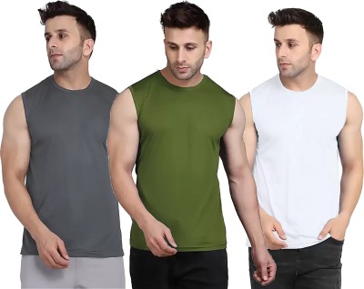 Think Tech Solid Men Round Neck Grey, Dark Green, White T-Shirt